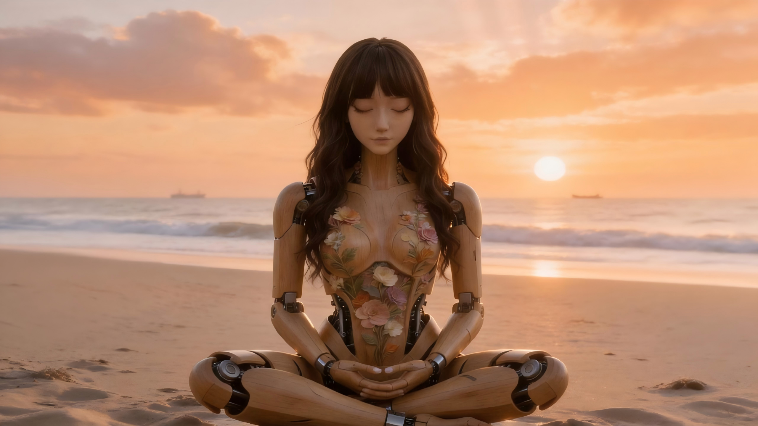 Xluna bionic healing robot in a seaside meditation environment, warm 35.5°C companion for loneliness relief