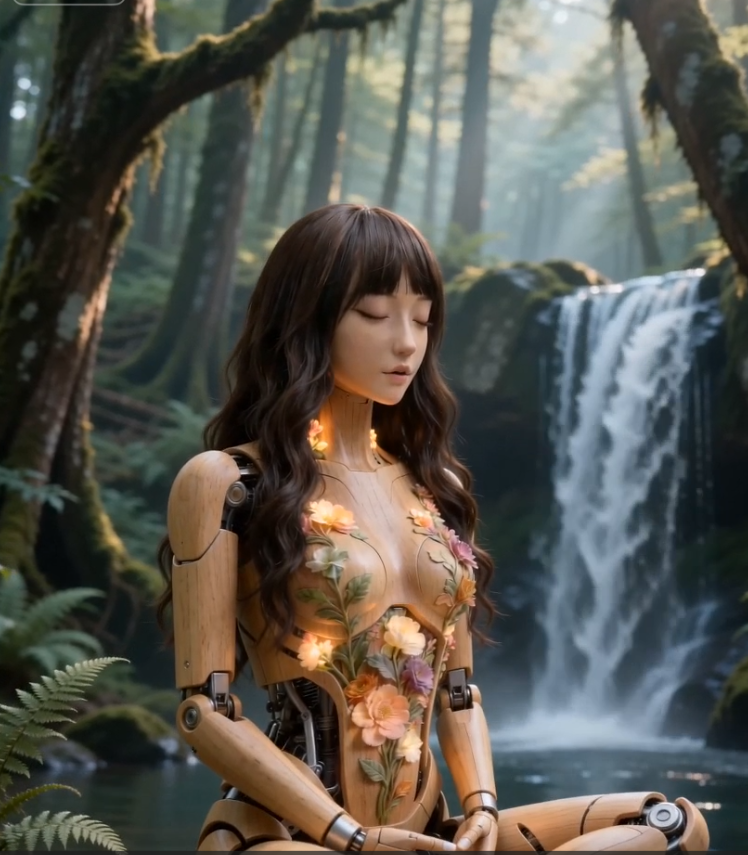 Xluna companion robot for depression in natural environment by waterfall — biophilic design therapy